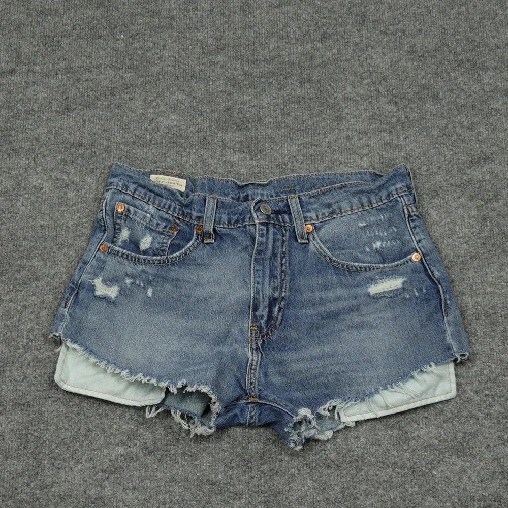 Levi's Premium Jeans Womens 31 Blue Distressed Raw Hem Denim Shorts Button Fly